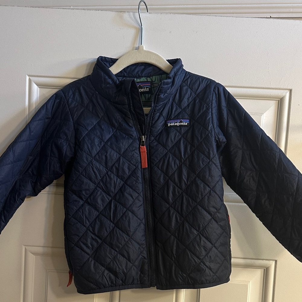 Patagonia Kids Navy Quilted Puffer Jacket with Orange Zipper Pull